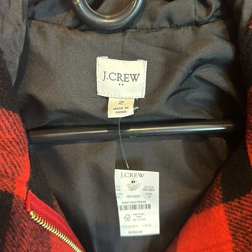 J Crew red and black gingham faux fur hooded 50% wool coat size 2 NWT